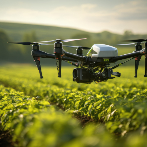 Lush green farmland being surveyed by a drone for precision agriculture.