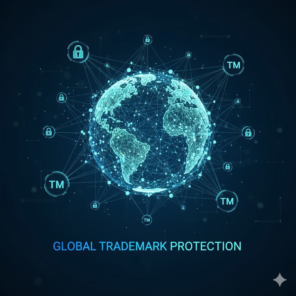Digital globe showing global trademark protection network with TM symbols and security icons – Techvisionov trademark service.