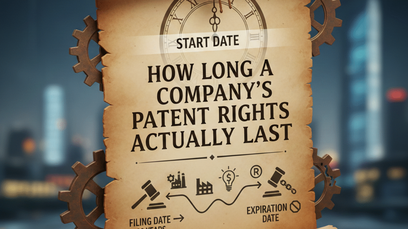 3D illustration of a parchment scroll displaying the timeline of company patent rights, highlighting the standard 20-year duration from the filing date to the expiration date, set against a corporate city background with industrial gears.