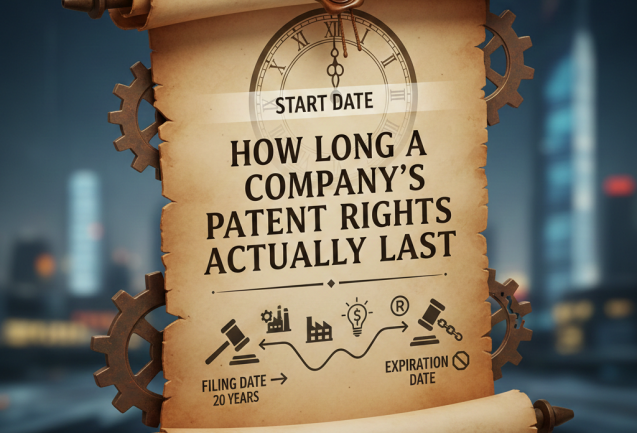 3D illustration of a parchment scroll displaying the timeline of company patent rights, highlighting the standard 20-year duration from the filing date to the expiration date, set against a corporate city background with industrial gears.