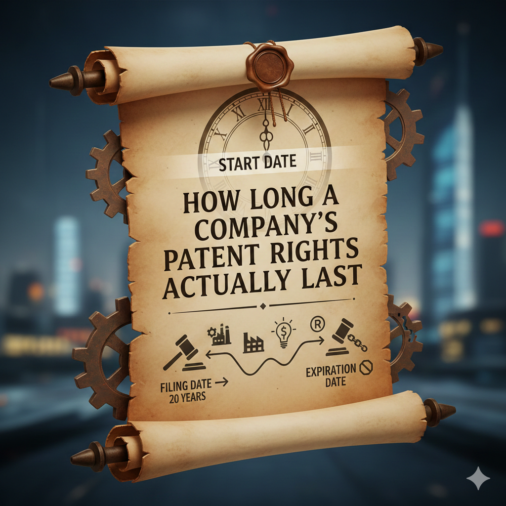 3D illustration of a parchment scroll displaying the timeline of company patent rights, highlighting the standard 20-year duration from the filing date to the expiration date, set against a corporate city background with industrial gears.