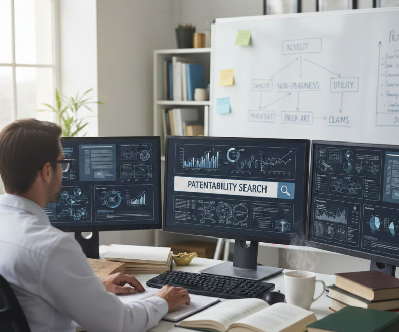 Researcher analyzing data on multiple monitors during a patentability search, reviewing novelty, prior art, and utility requirements.