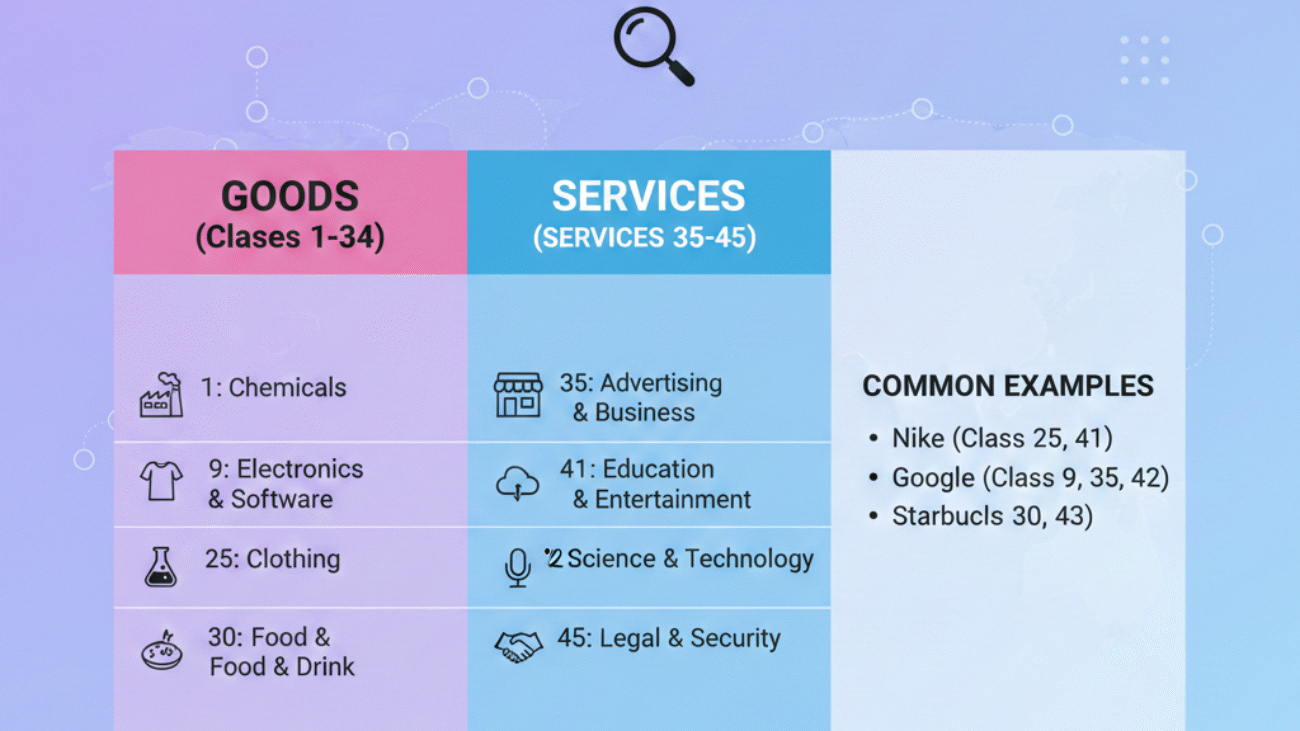 Trademark class list graphic showing goods classes 1–34, services classes 35–45, and common brand examples like Nike, Google, and Starbucks.