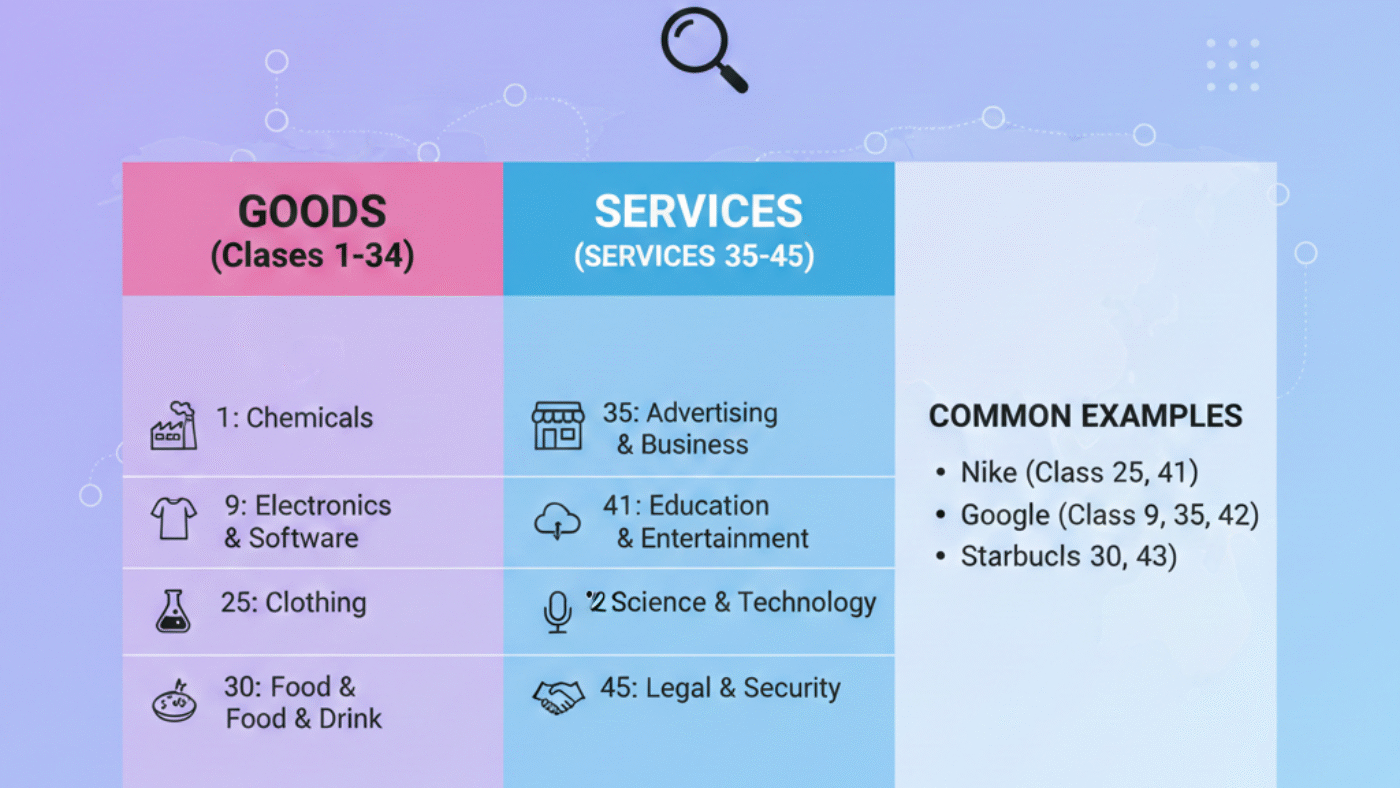 Trademark class list graphic showing goods classes 1–34, services classes 35–45, and common brand examples like Nike, Google, and Starbucks.