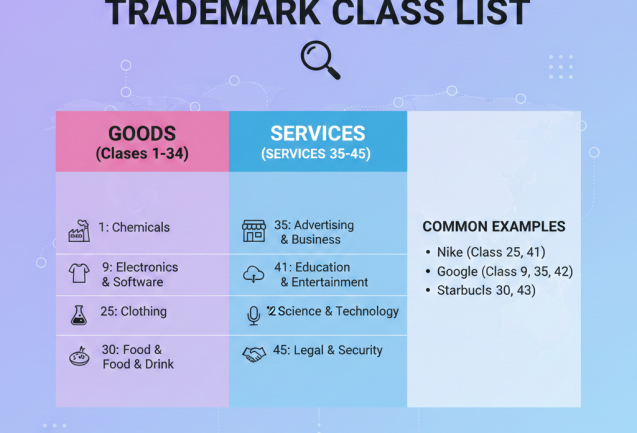 Trademark class list graphic showing goods classes 1–34, services classes 35–45, and common brand examples like Nike, Google, and Starbucks.