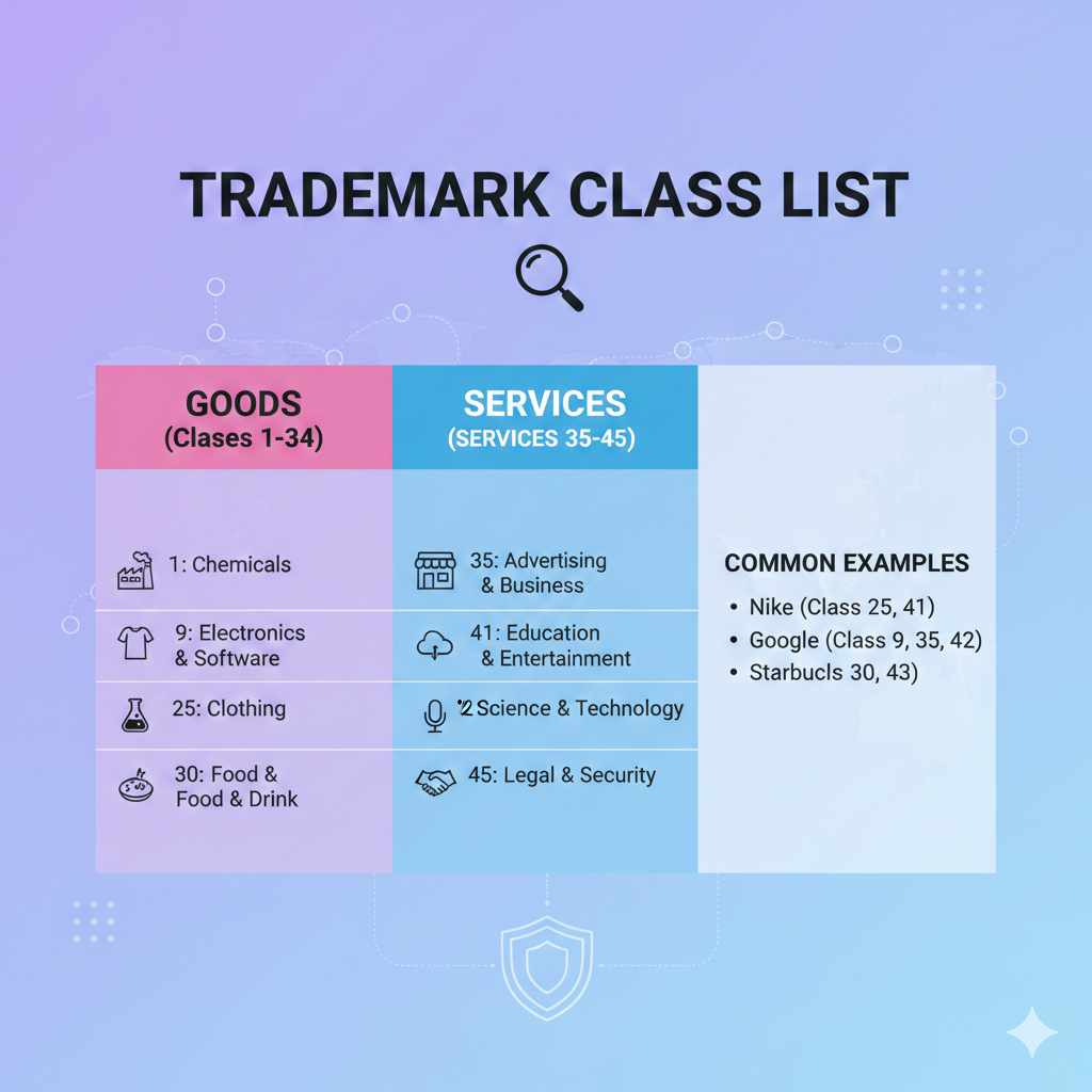 Trademark class list graphic showing goods classes 1–34, services classes 35–45, and common brand examples like Nike, Google, and Starbucks.