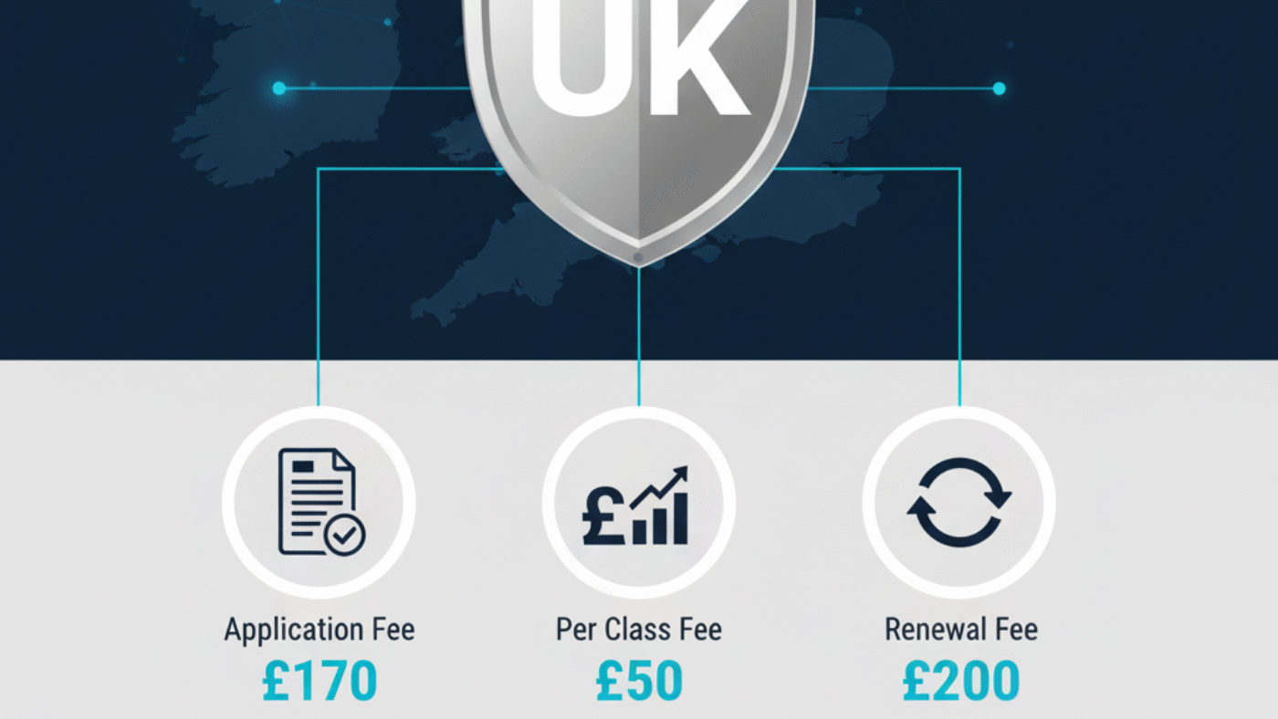 Illustration showing UK trademark registration fees with trademark symbols, UK flag elements, and financial icons representing rising costs.