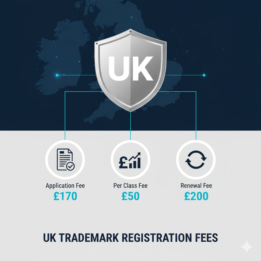 Illustration showing UK trademark registration fees with trademark symbols, UK flag elements, and financial icons representing rising costs.