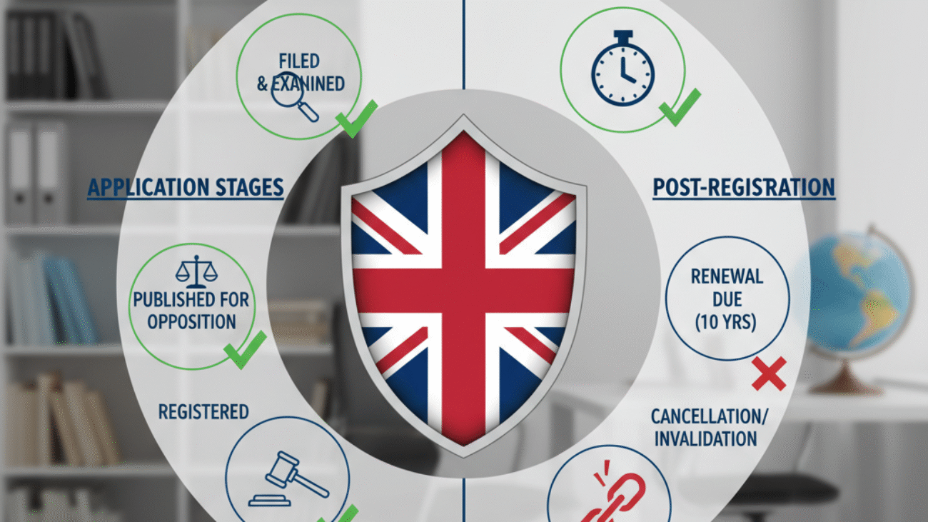 UK trademark status infographic showing application stages, renewal timelines, and cancellation indicators with UK flag shield – guide to check trademark status.