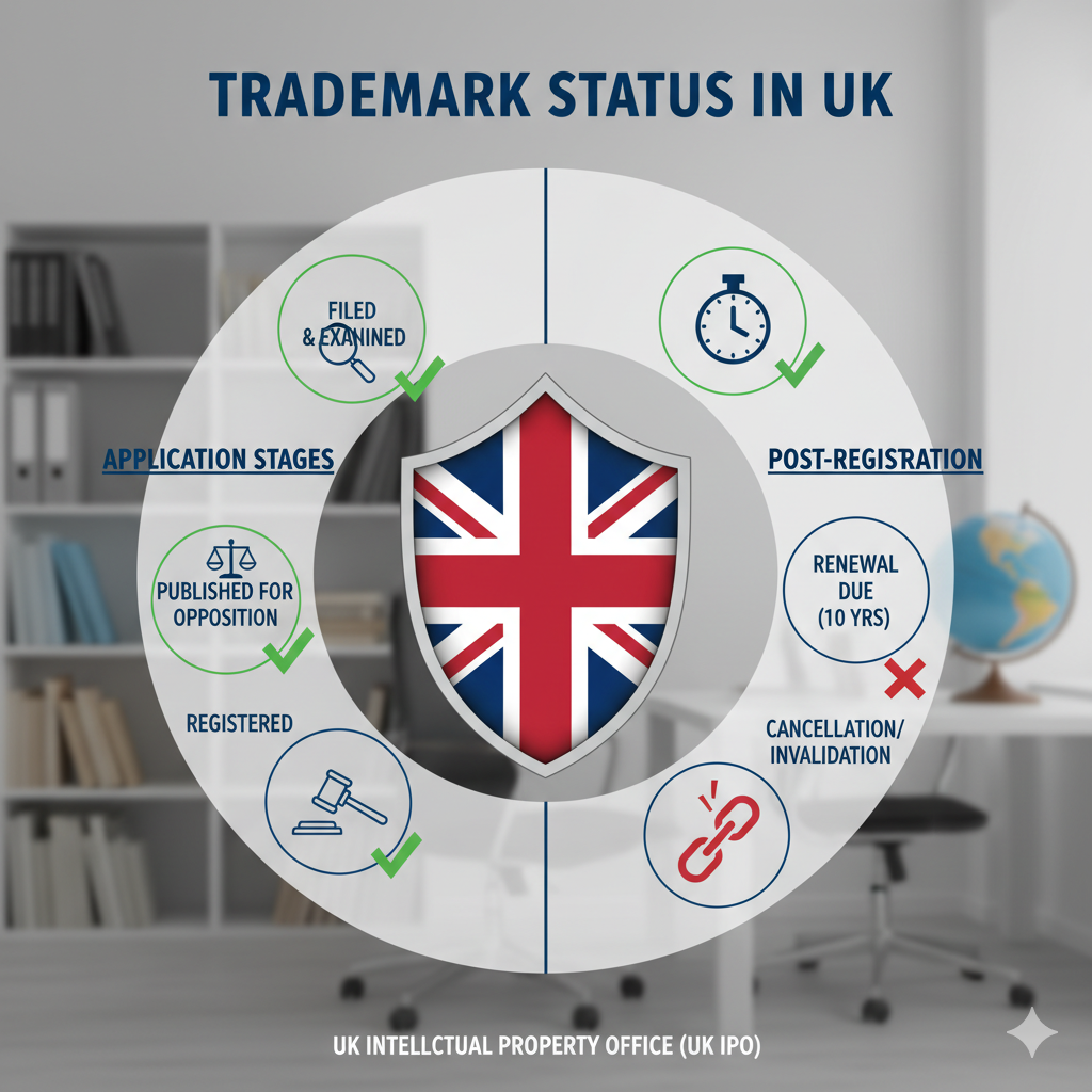 UK trademark status infographic showing application stages, renewal timelines, and cancellation indicators with UK flag shield – guide to check trademark status.