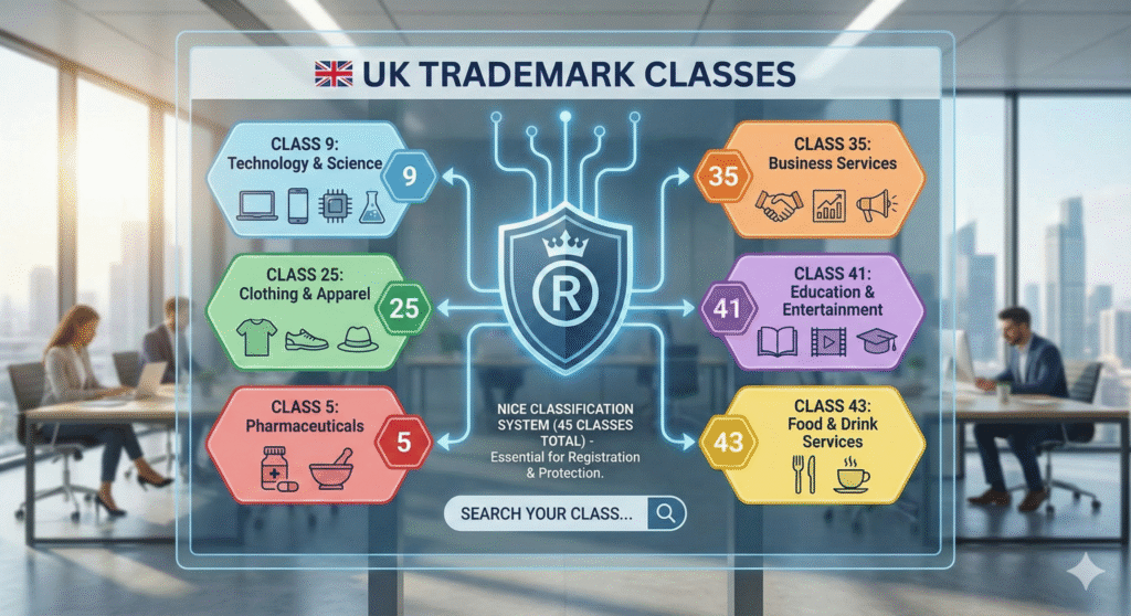 UK trademark class list services infographic showing classes 5, 9, 25, 35, 41, and 43 with icons for goods and services categories.