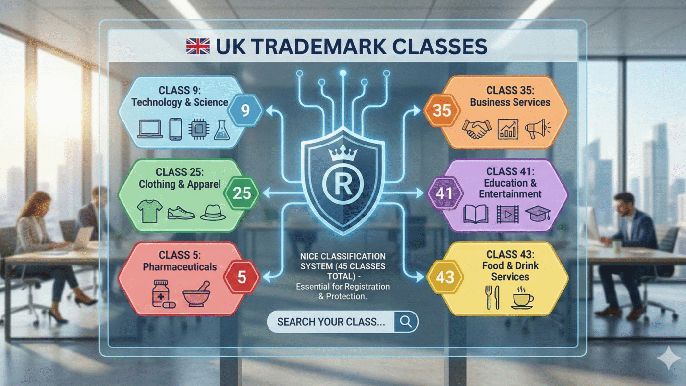 UK trademark class list services infographic showing classes 5, 9, 25, 35, 41, and 43 with icons for goods and services categories.