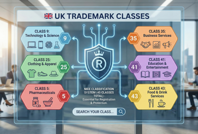 UK trademark class list services infographic showing classes 5, 9, 25, 35, 41, and 43 with icons for goods and services categories.