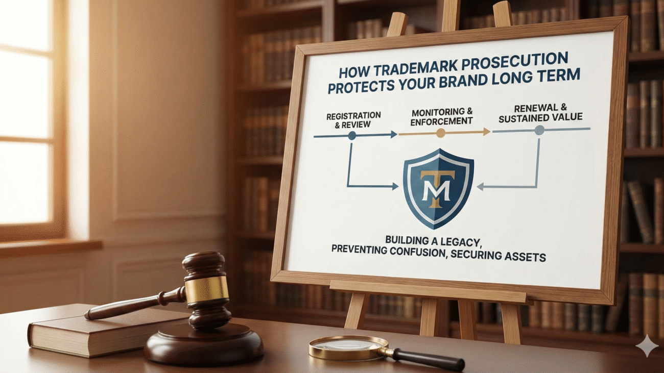 Text below the shield reads: "BUILDING A LEGACY, PREVENTING CONFUSION, SECURING ASSETS." The scene is set in a law office or library, featuring a wooden desk with a gavel resting on a law book and a magnifying glass, backlit by sunlight streaming through a window onto a background of bookshelves.