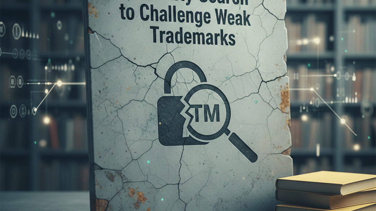 A cracked, weathered stone tablet featuring the text "Invalidity Search to Challenge Weak Trademarks" and an icon of a broken padlock containing a "TM" symbol, set against a blurred background of a law library.