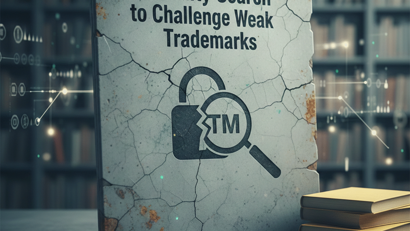 A cracked, weathered stone tablet featuring the text "Invalidity Search to Challenge Weak Trademarks" and an icon of a broken padlock containing a "TM" symbol, set against a blurred background of a law library.