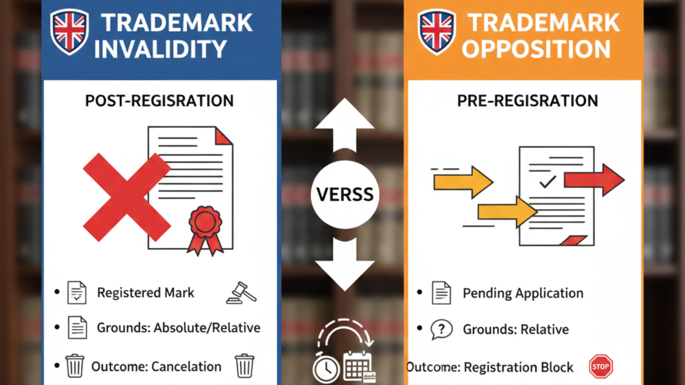 Comparative infographic for UK trademark law: Invalidity Search vs. Trademark Opposition, highlighting differences in costs, timelines, and the legal process within the UK Intellectual Property Office.