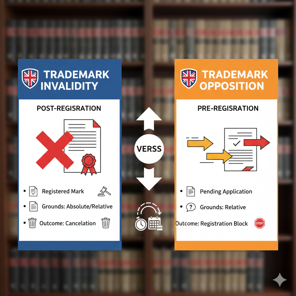 Comparative infographic for UK trademark law: Invalidity Search vs. Trademark Opposition, highlighting differences in costs, timelines, and the legal process within the UK Intellectual Property Office.