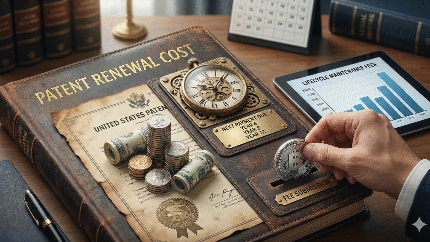 Patent renewal cost concept showing US patent document, stacked coins, dollar bills, clock mechanism, fee submission slot, and maintenance fee chart.