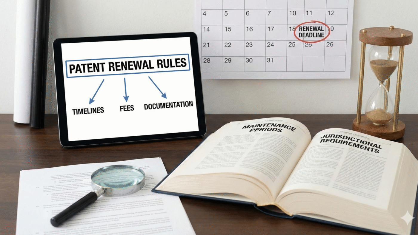 Patent renewal rules shown through a tablet screen, calendar deadline, law books, magnifying glass, and hourglass illustrating timelines, fees, and documentation.