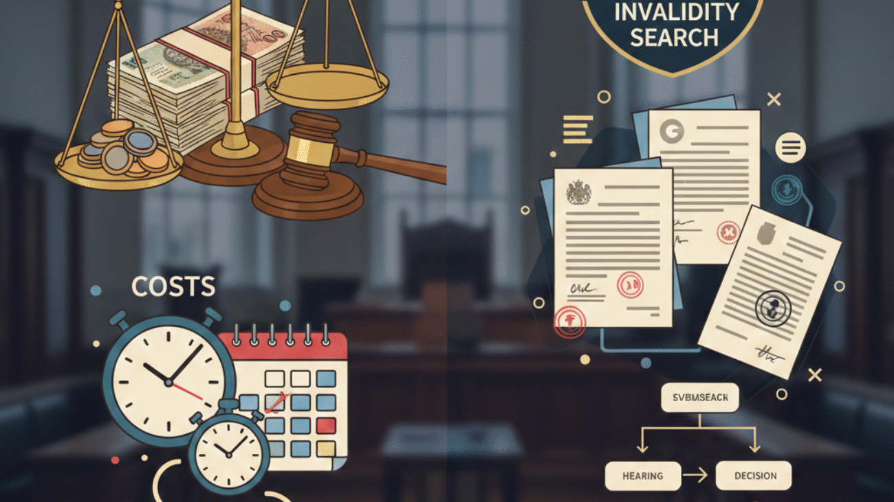 Infographic for UK Trademark Invalidity Search showing a courtroom background with icons for legal costs (scales of justice and money), a timeline (clock and calendar), and the legal process (documents and flowcharts).