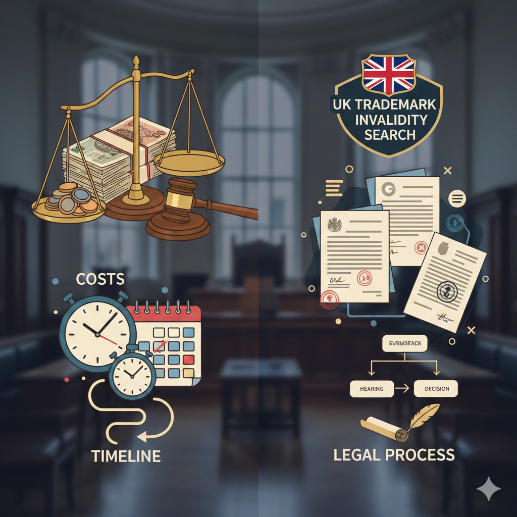 Infographic for UK Trademark Invalidity Search showing a courtroom background with icons for legal costs (scales of justice and money), a timeline (clock and calendar), and the legal process (documents and flowcharts).
