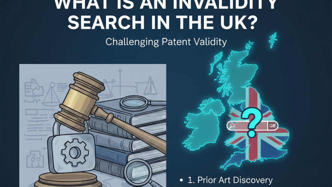A legal professional conducting a UK patent invalidity search using a magnifying glass over official patent documents with a British flag background.