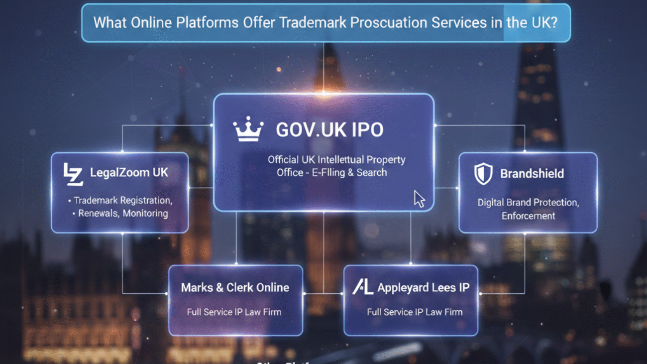 Diagram showing UK online platforms offering trademark prosecution services, including GOV.UK IPO, LegalZoom UK, and IP law firms.