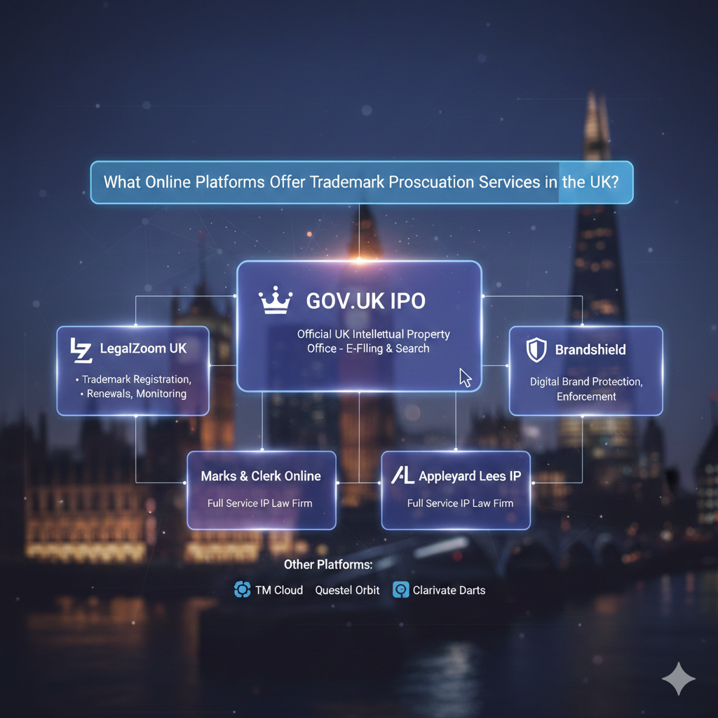 Diagram showing UK online platforms offering trademark prosecution services, including GOV.UK IPO, LegalZoom UK, and IP law firms.