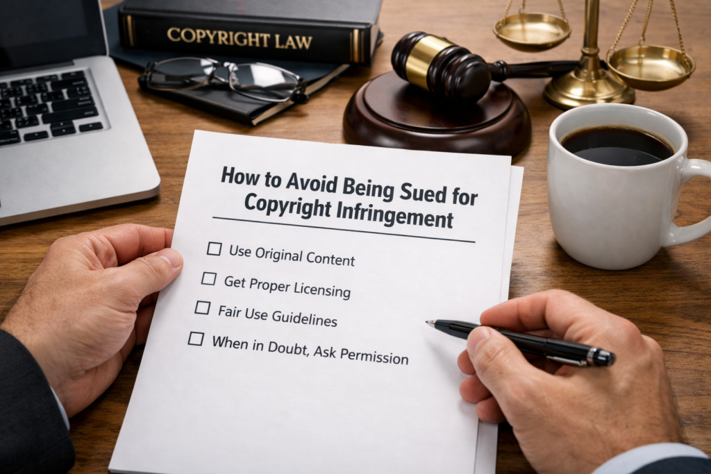 Checklist titled “How to Avoid Being Sued for Copyright Infringement” held on a desk with legal books, gavel, and laptop.