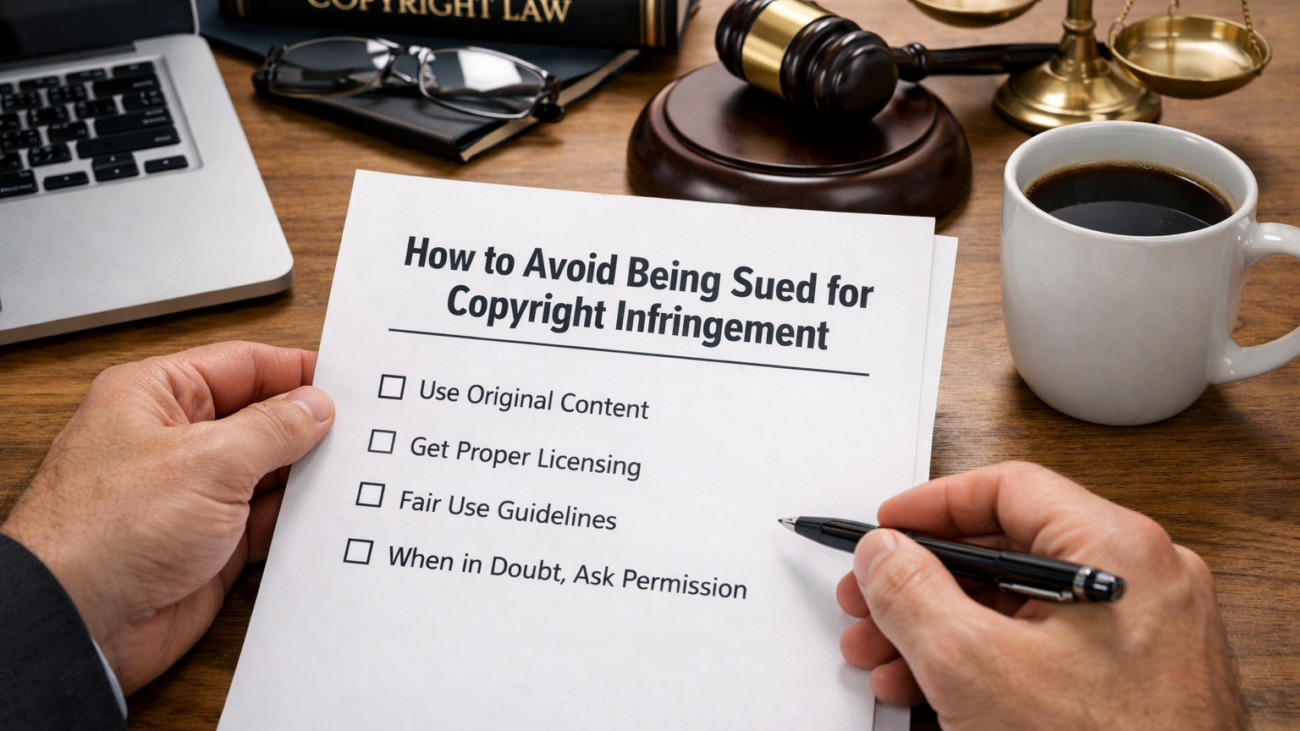 Checklist titled “How to Avoid Being Sued for Copyright Infringement” held on a desk with legal books, gavel, and laptop.
