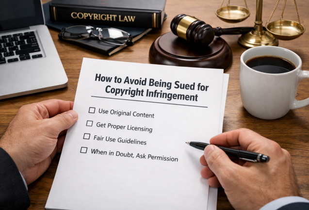 Checklist titled “How to Avoid Being Sued for Copyright Infringement” held on a desk with legal books, gavel, and laptop.
