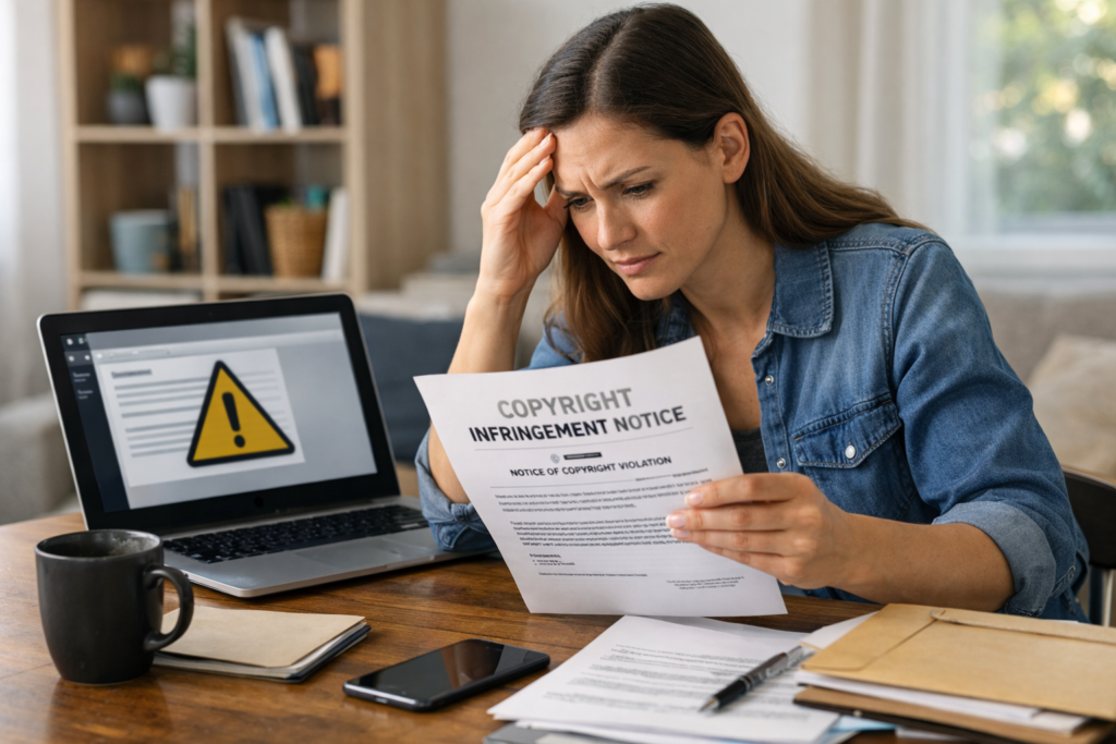 Worried woman reading a copyright infringement notice while working on a laptop at home.