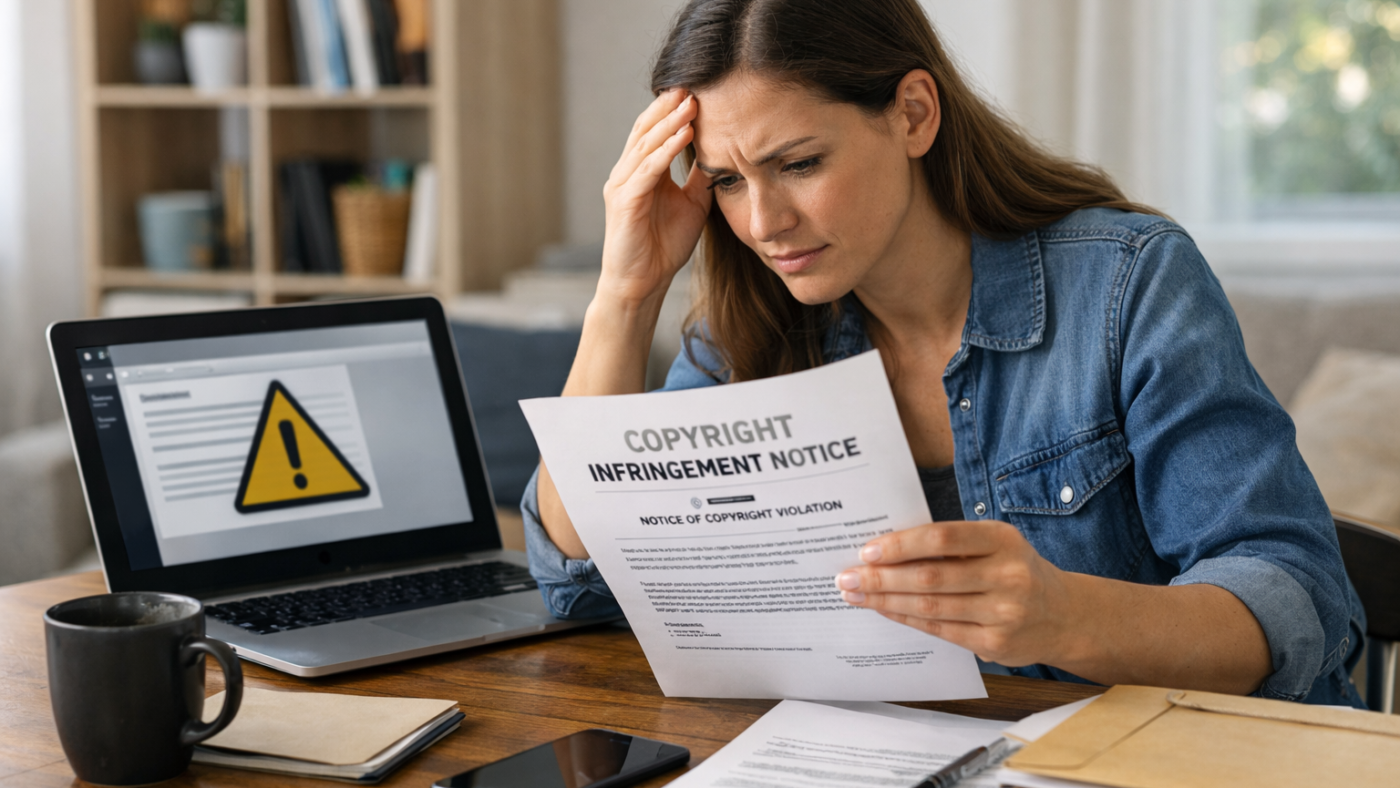 Worried woman reading a copyright infringement notice while working on a laptop at home.
