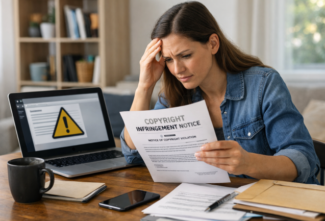 Worried woman reading a copyright infringement notice while working on a laptop at home.