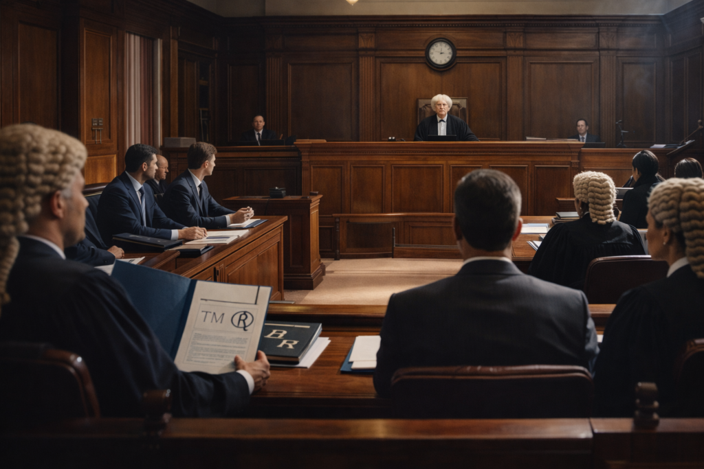 Courtroom scene showing a trademark infringement case in progress, with lawyers, judge, and trademark documents visible.